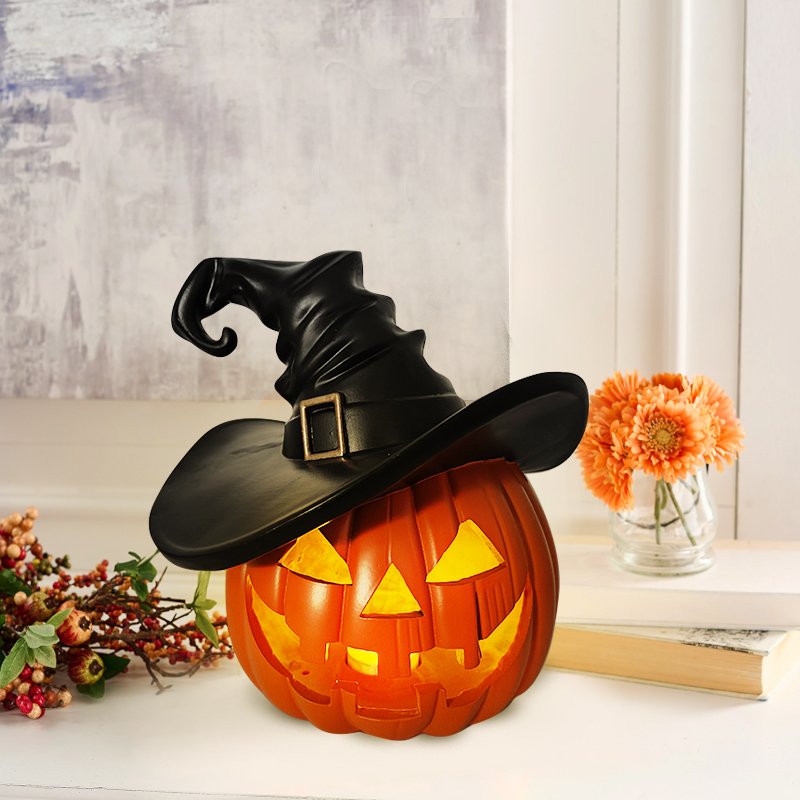 14inch H Resin LED Lighted Jack-o-lantern With Witch Hat