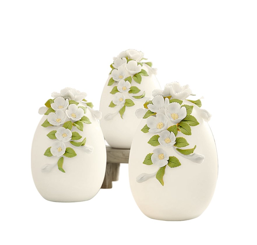 Set of 3 6″ Lit Porcelain Eggs with Flowers